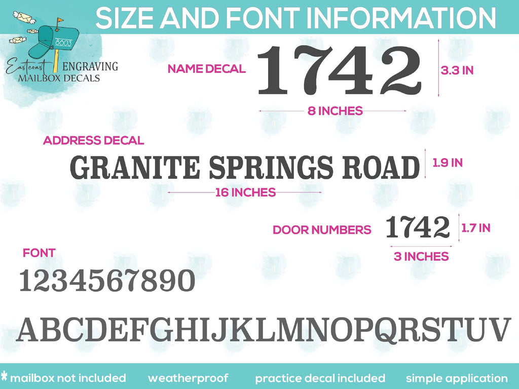 Size chart for custom mailbox decals showing dimensions for personalized mailbox stickers.