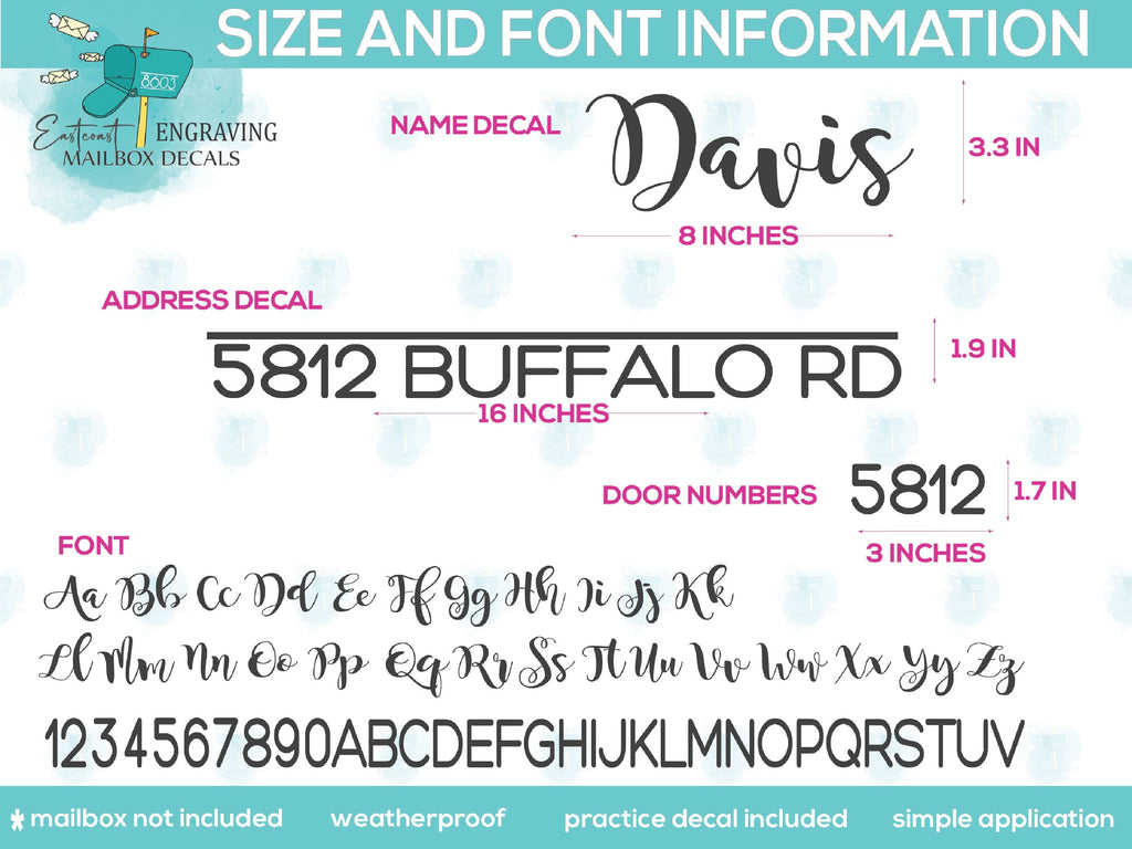 ize and font chart for custom mailbox stickers showing available options