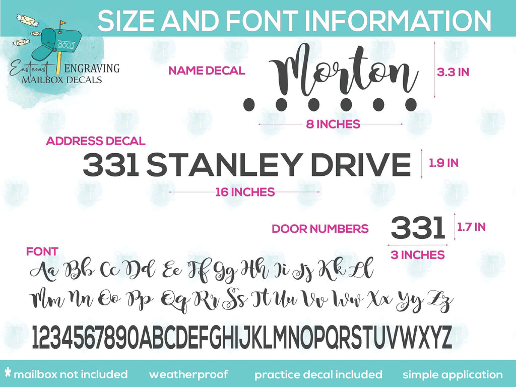 Size and font options for custom mailbox stickers on display