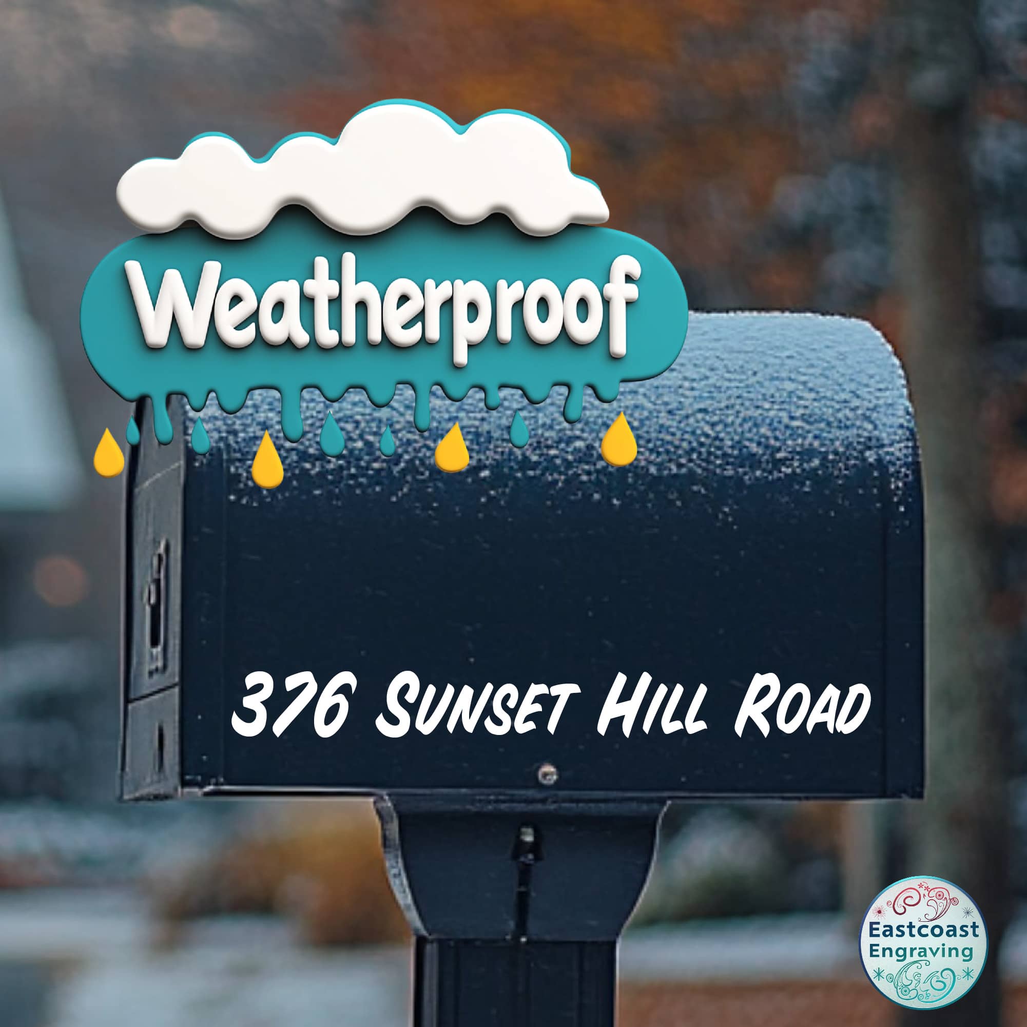 Custom vinyl mailbox lettering decal applied to standard black mailbox