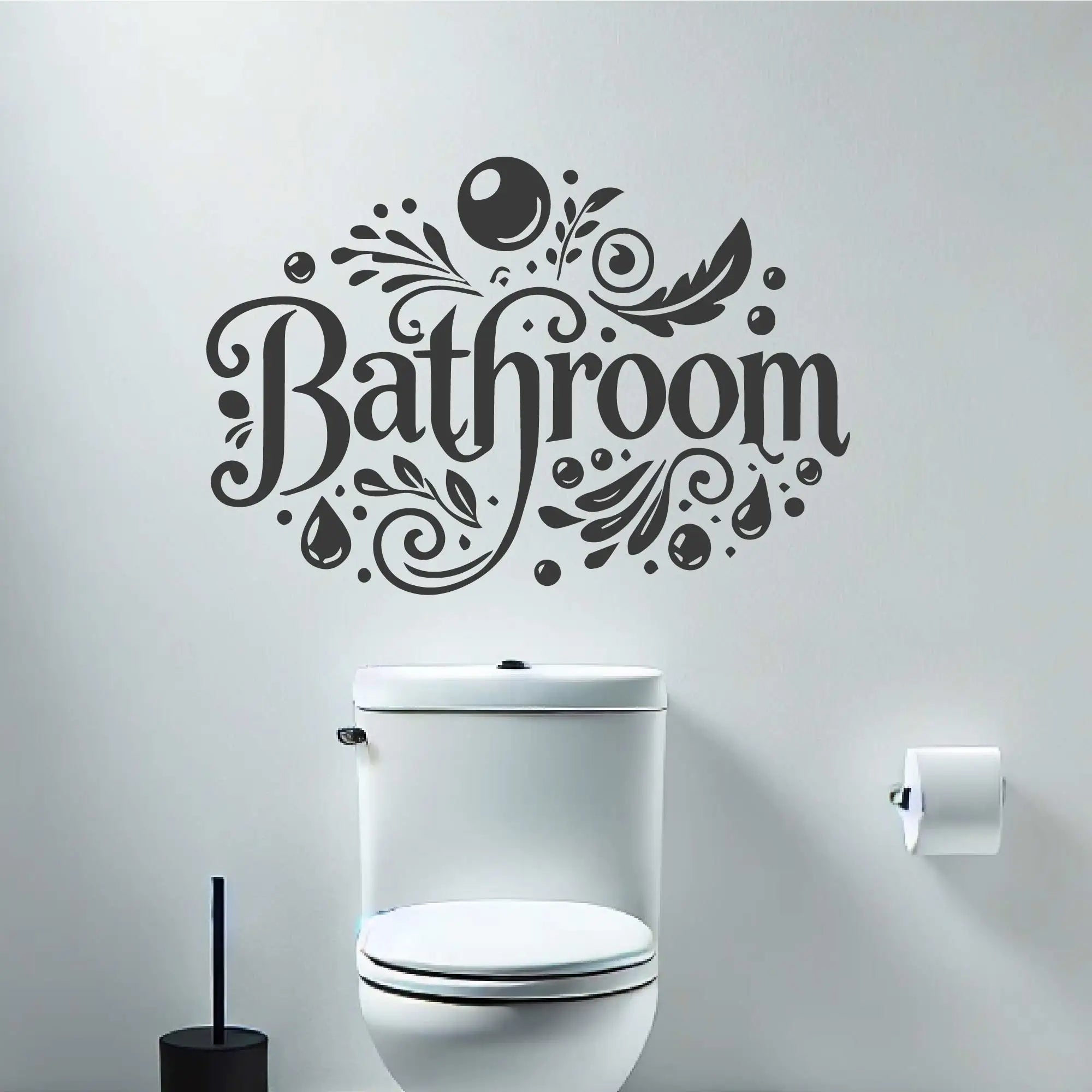 Bathroom wall decal with bubble accents installed above toilet in modern bathroom