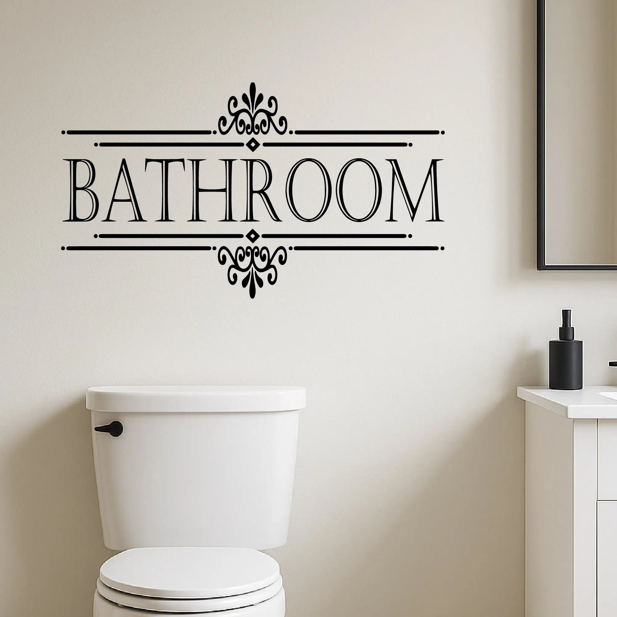 Large bathroom wall decal displayed above modern vanity