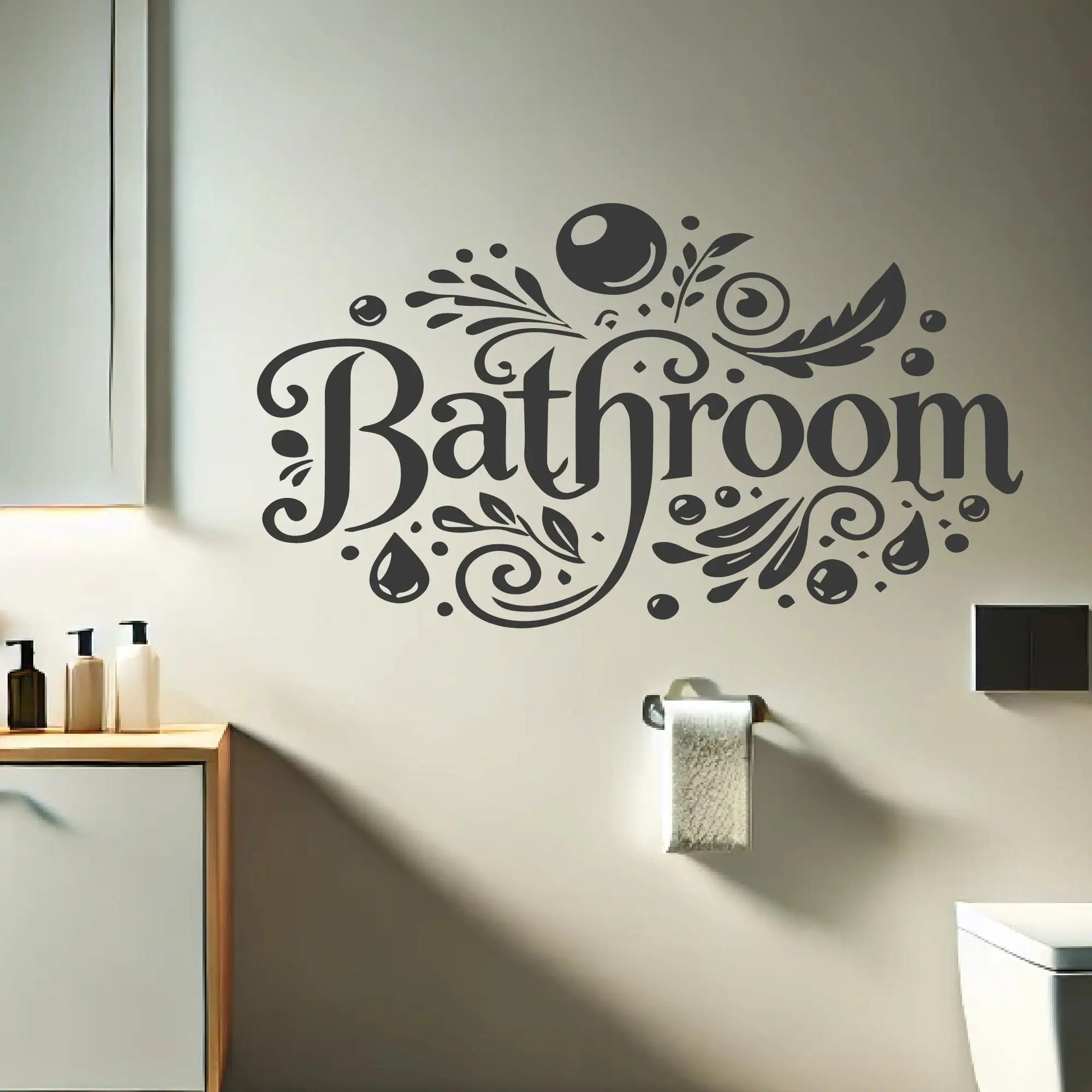 Bathroom vinyl wall decal with bubble accents installed above sink and vanity