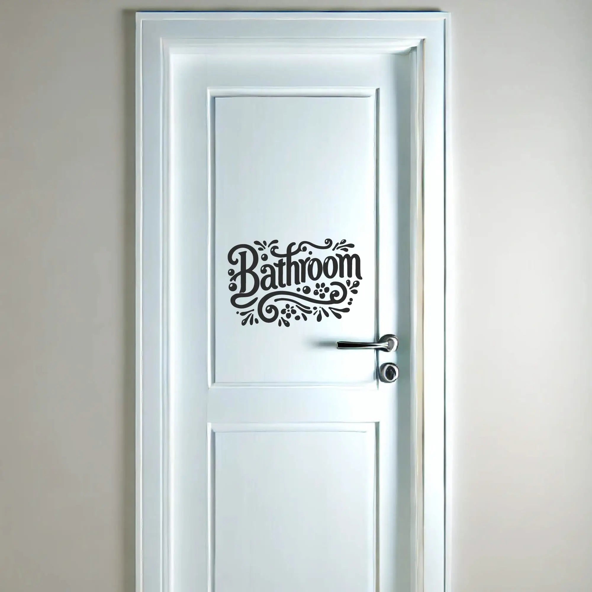 Waterproof bathroom wall decal displayed on modern bathroom door