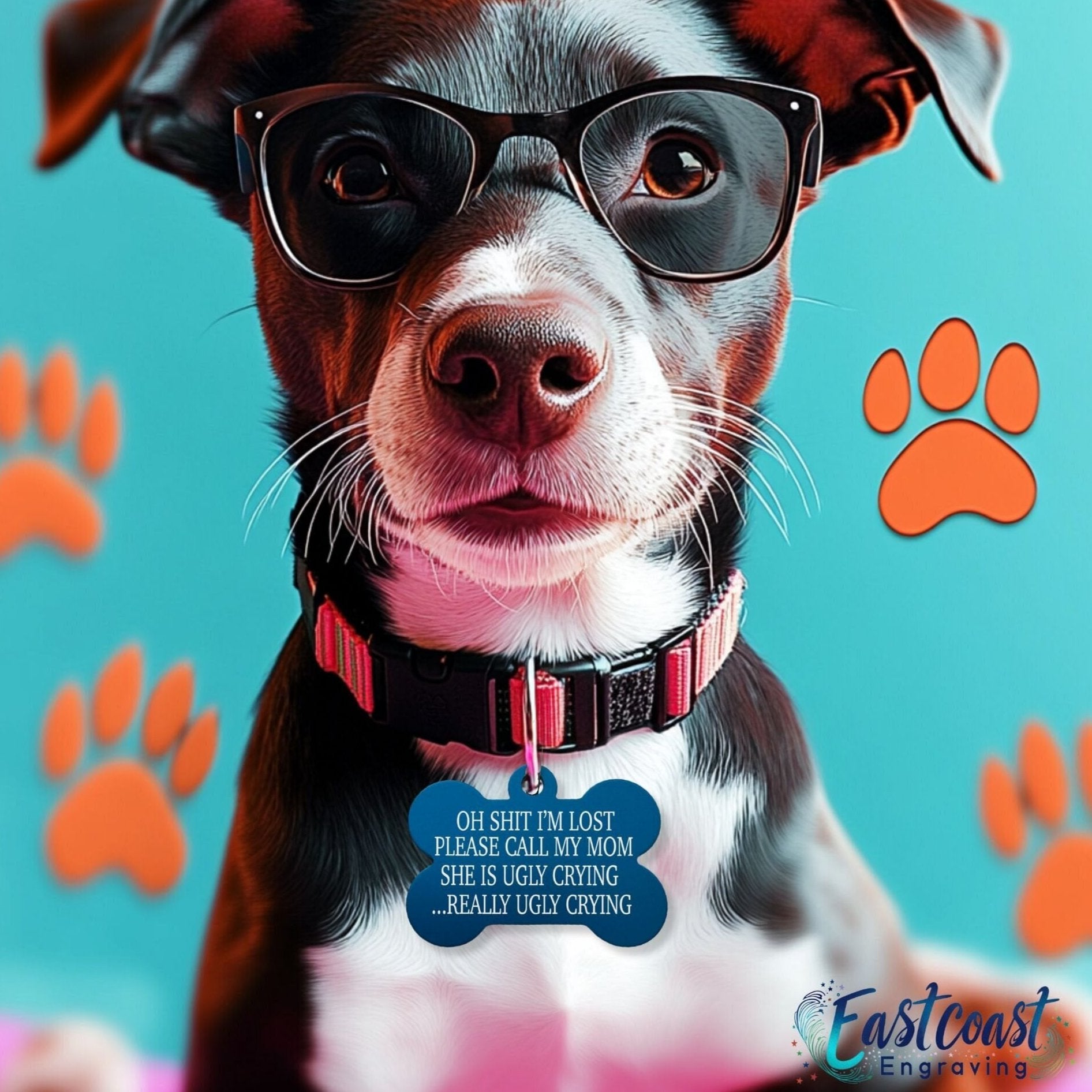 Close-up of Funny Dog Tag – Engraved Mom is Ugly Crying Design