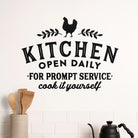 Kitchen Open Daily vinyl wall decal installed above kitchen counter with utensils