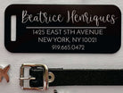 Laser engraved black aluminum luggage tag with custom name and address