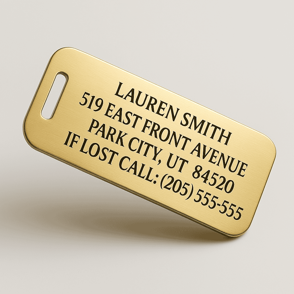 Engraved brass luggage tag with custom name and phone number