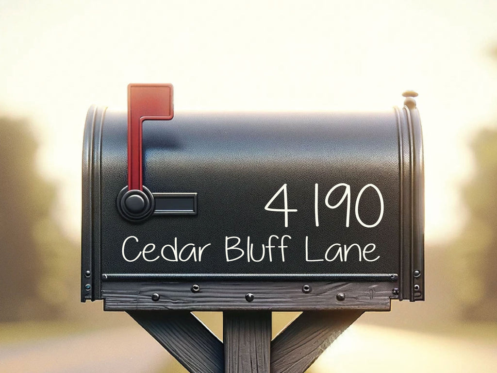 Modern mailbox with custom white decal for improved address visibility