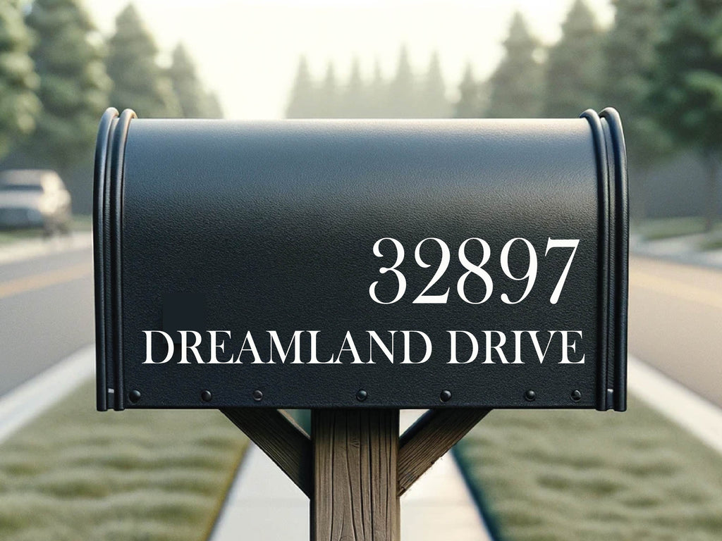 Chic mailbox decal with elegant script showcasing personalized home address.