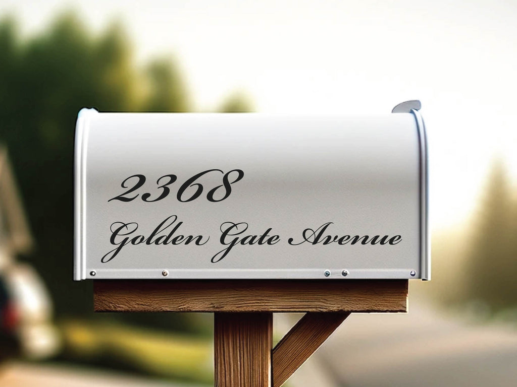 Mailbox with custom decals showing address and house number
