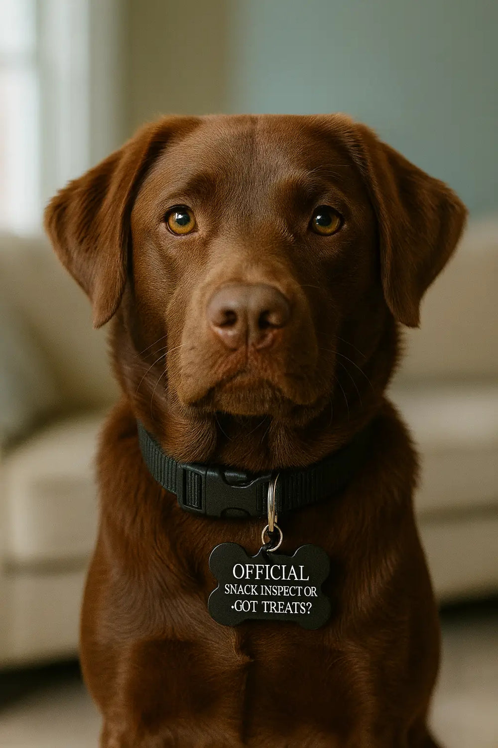 Chocolate Labrador wearing a black bone-shaped pet tag that reads “Official Snack Inspector – Got Treats?” from Eastcoast Engraving.
