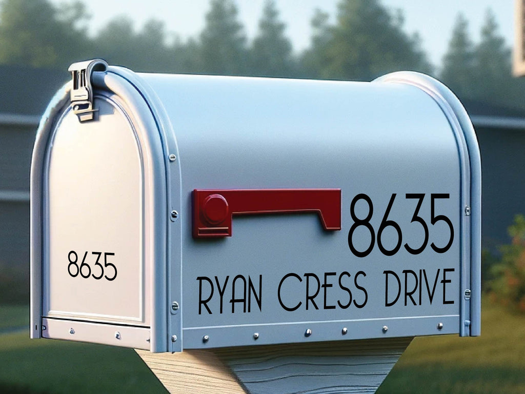 Custom mailbox decal featuring modern lettering and unique numbering