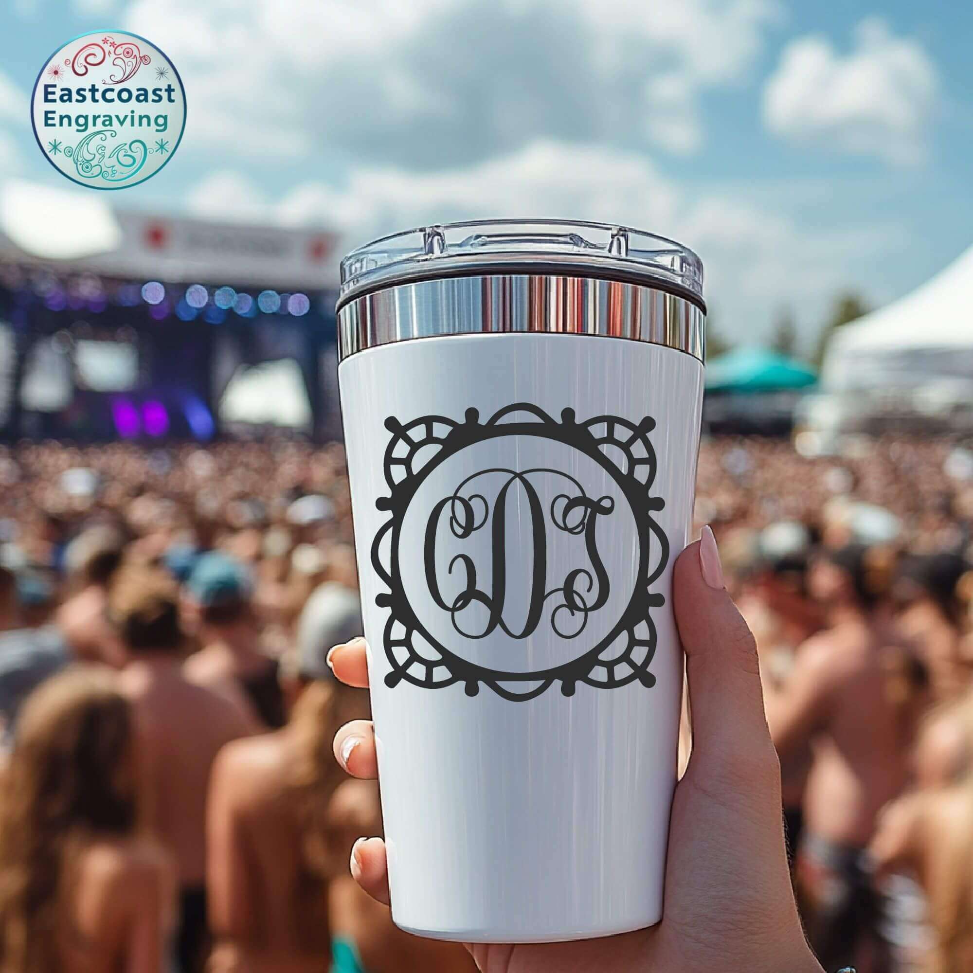 Custom monogram vinyl decal on a pink mug – perfect for personalized gifts