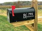 Custom mailbox decal with initial and address on black mailbox