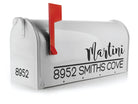 Custom vinyl mailbox decal with house number and address in two-piece layout