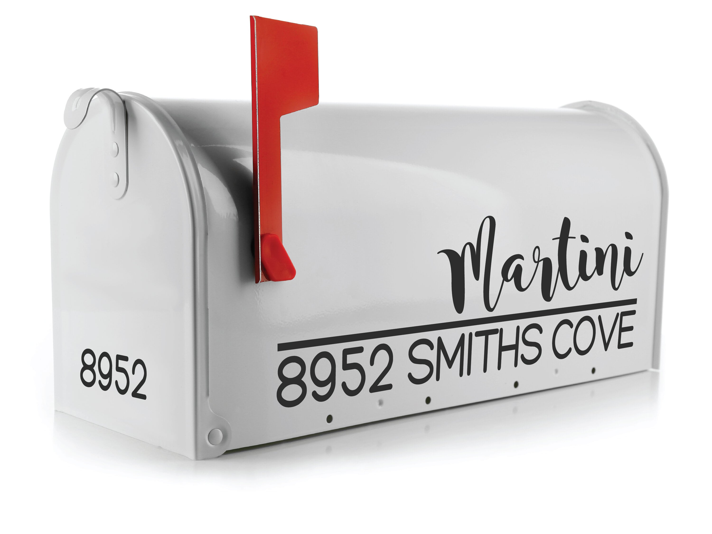 Custom vinyl mailbox decal with house number and address in two-piece layout