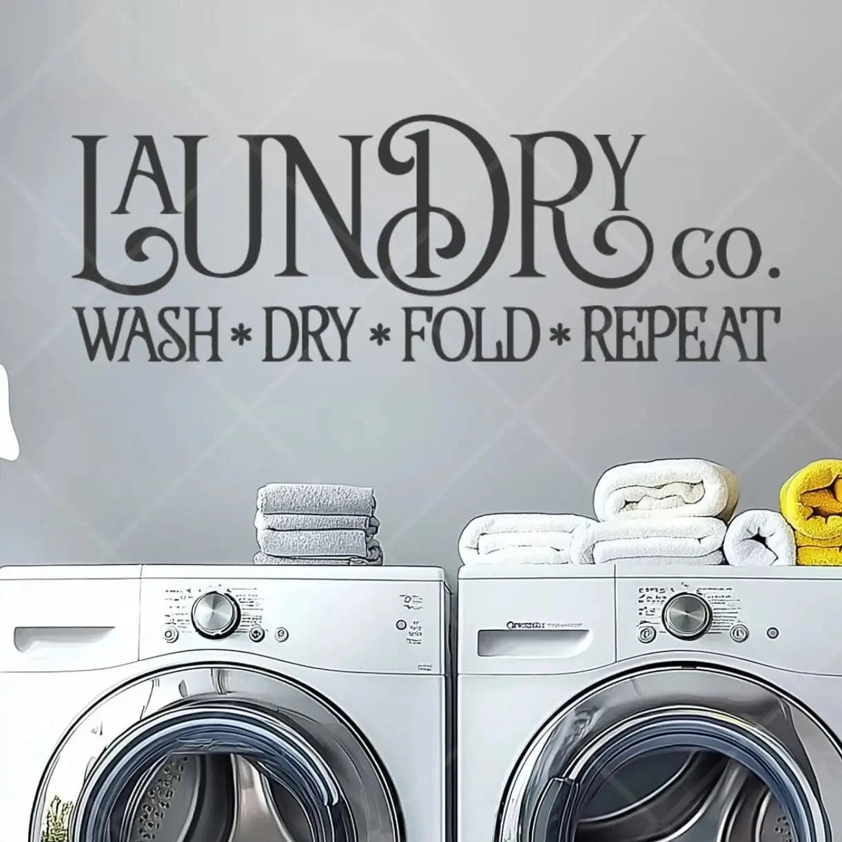 Laundry room wall decorated with a Laundry Co. Wash Dry Fold Repeat vinyl wall decal above a washer and dryer.