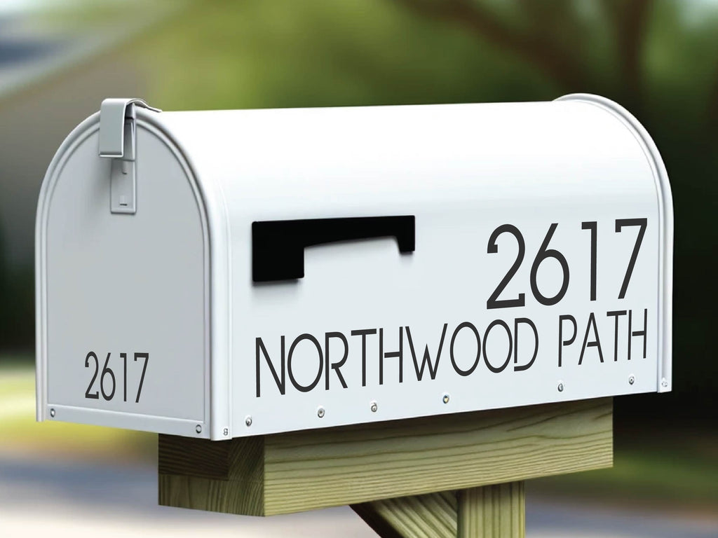 Custom address mailbox decal on urban home