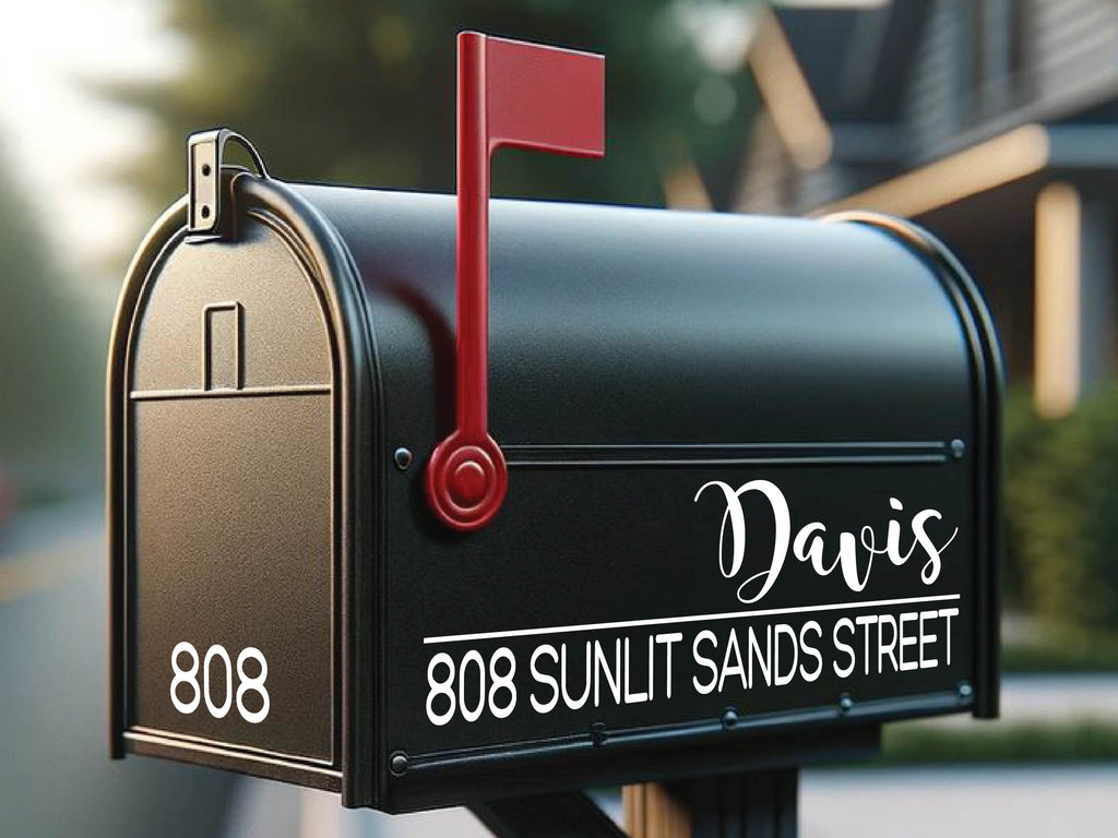 Stylish mailbox decal showcases clear, readable address