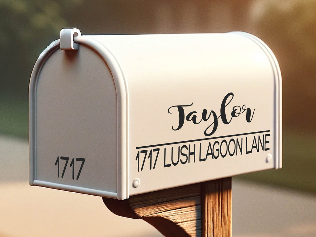 Elegant custom mailbox sticker in a suburban setting