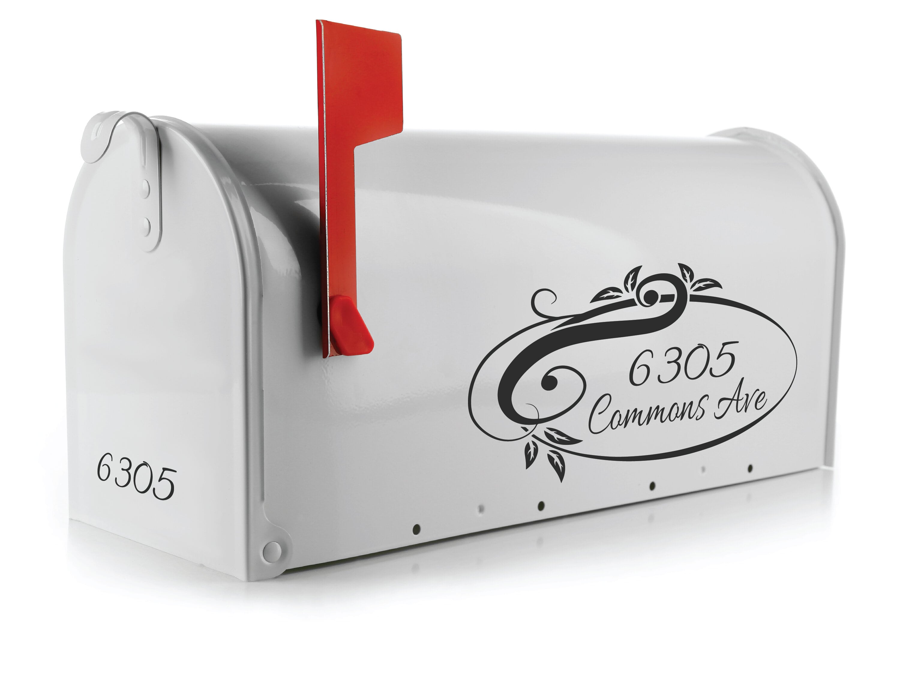 Decorative mailbox decal sticker featuring elegant scroll design and custom address