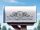 Decorative vinyl mailbox decal with large monogram and clean house number