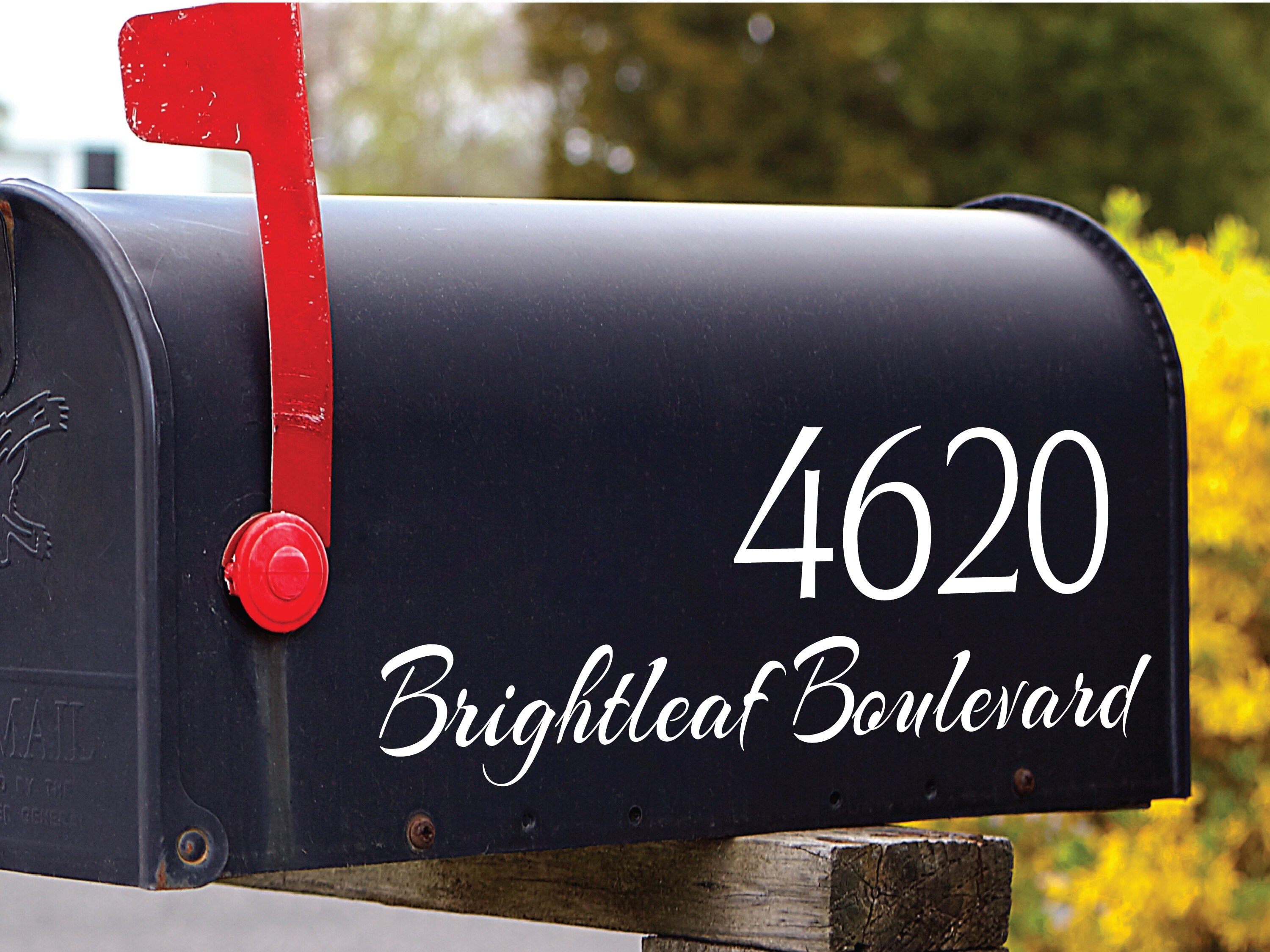 Custom vinyl address sticker in script font on black mailbox