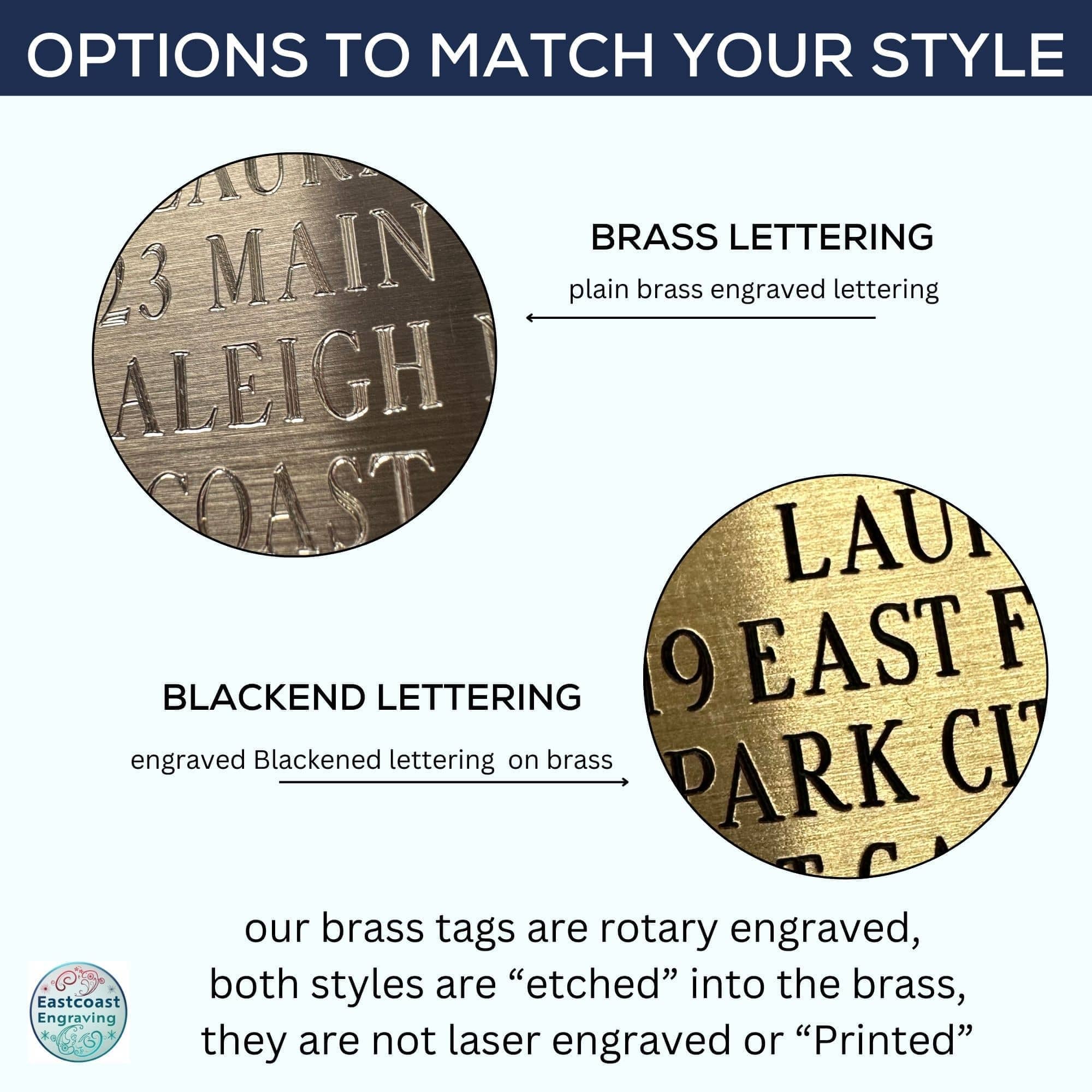 Custom engraved brass luggage tag with leather strap, perfect for travel or gifts.