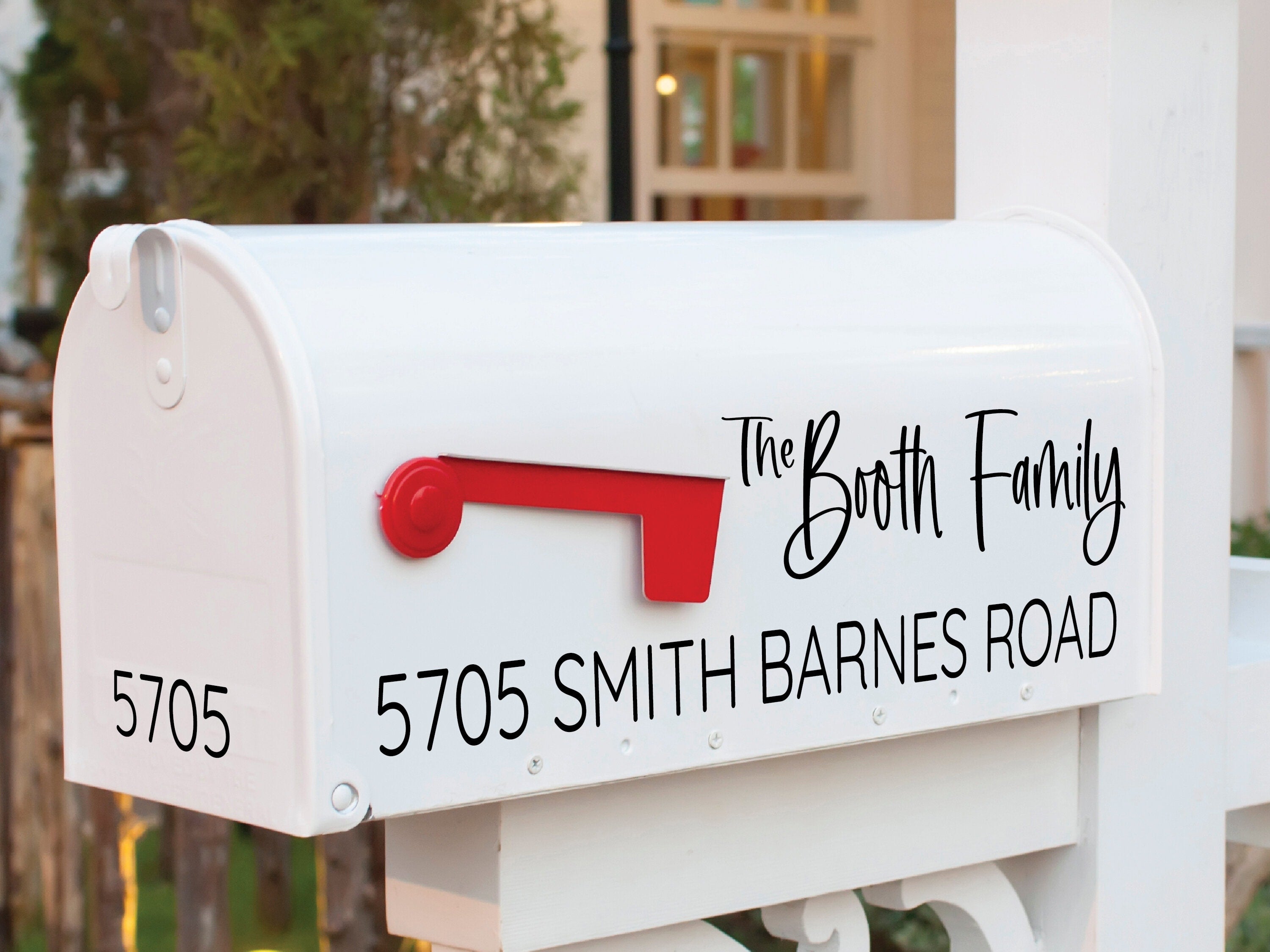 custom family name mailbox decal in white black font