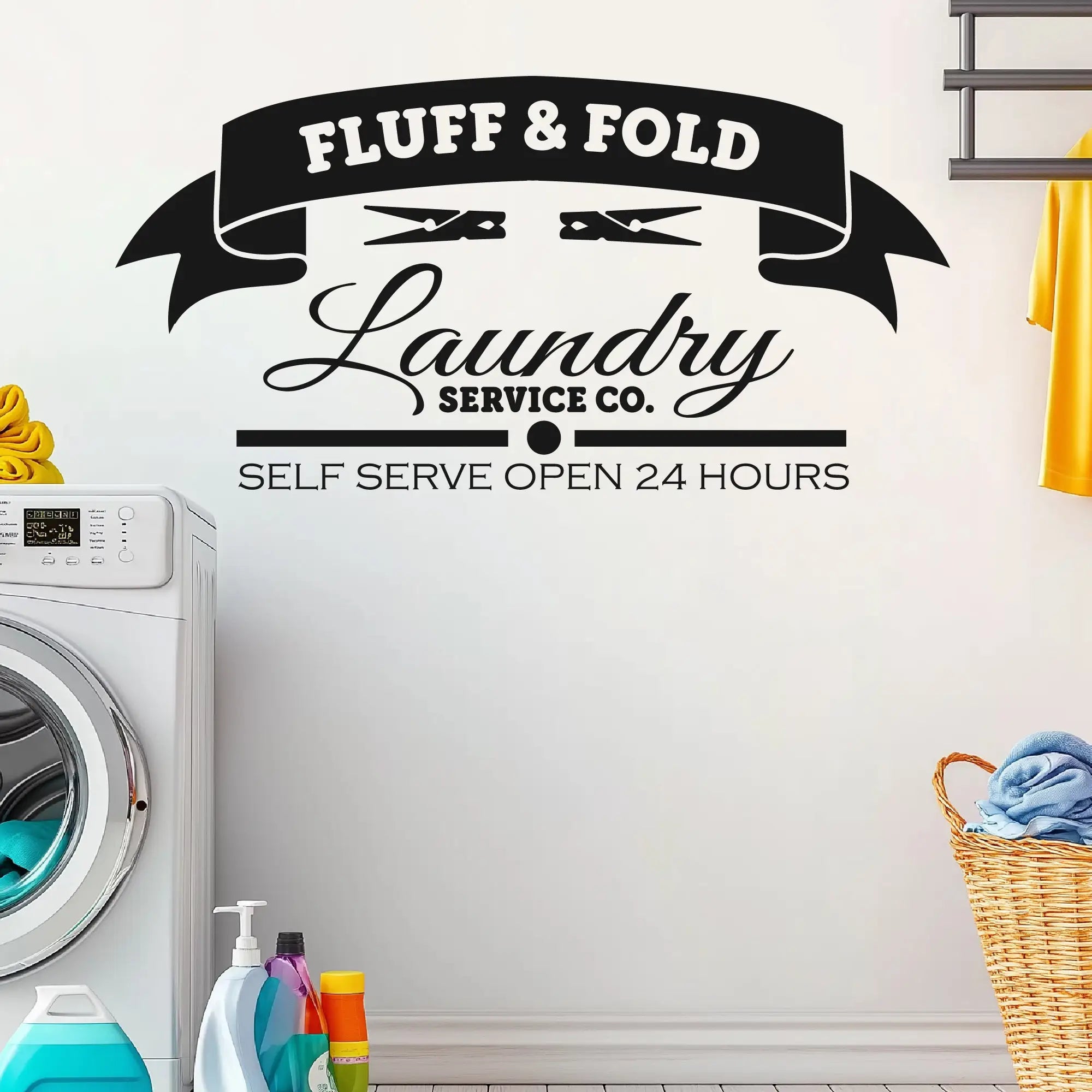 Vinyl Fluff and Fold sign above washer and dryer