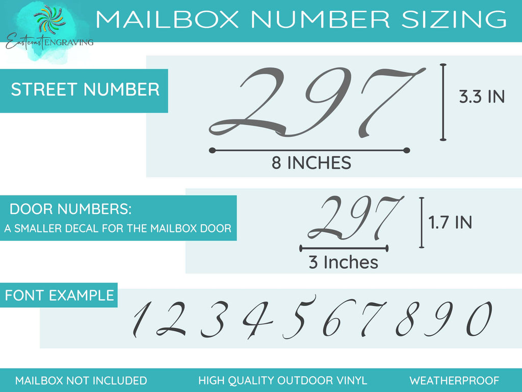 Mailbox Number Sizing Chart with Optional Door Decal and Weatherproof Vinyl Material