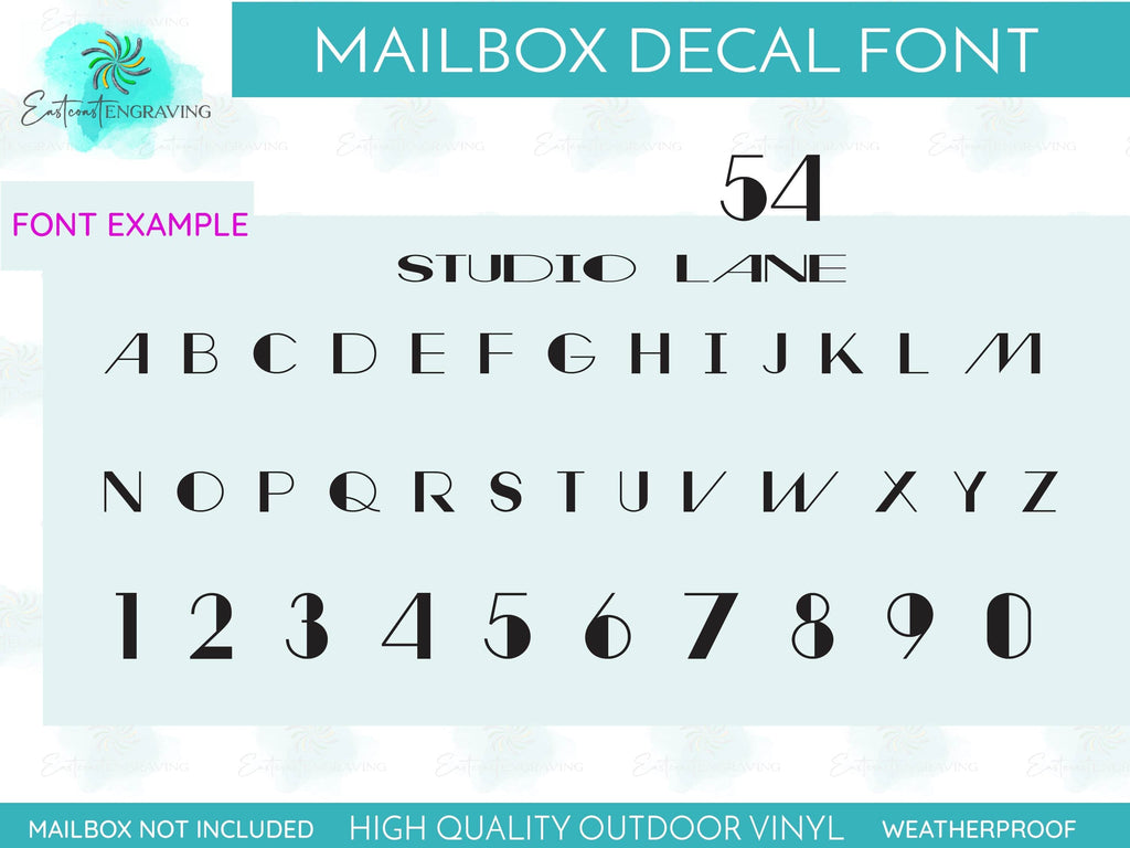 Font style chart for personalized mailbox decals showcasing a variety of custom lettering options