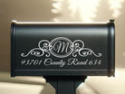  Full-size vinyl mailbox decal with initial, street name, and number in a scroll layout