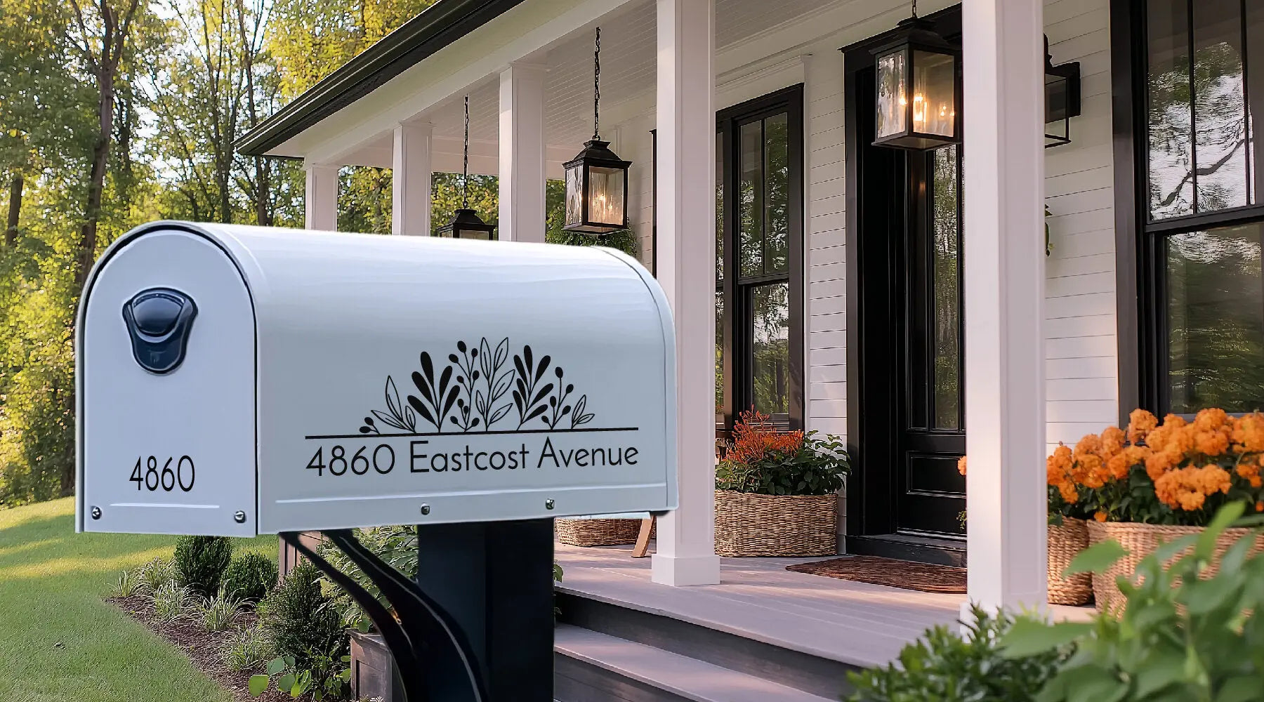 Full-size floral address decal with house number and decorative flower design