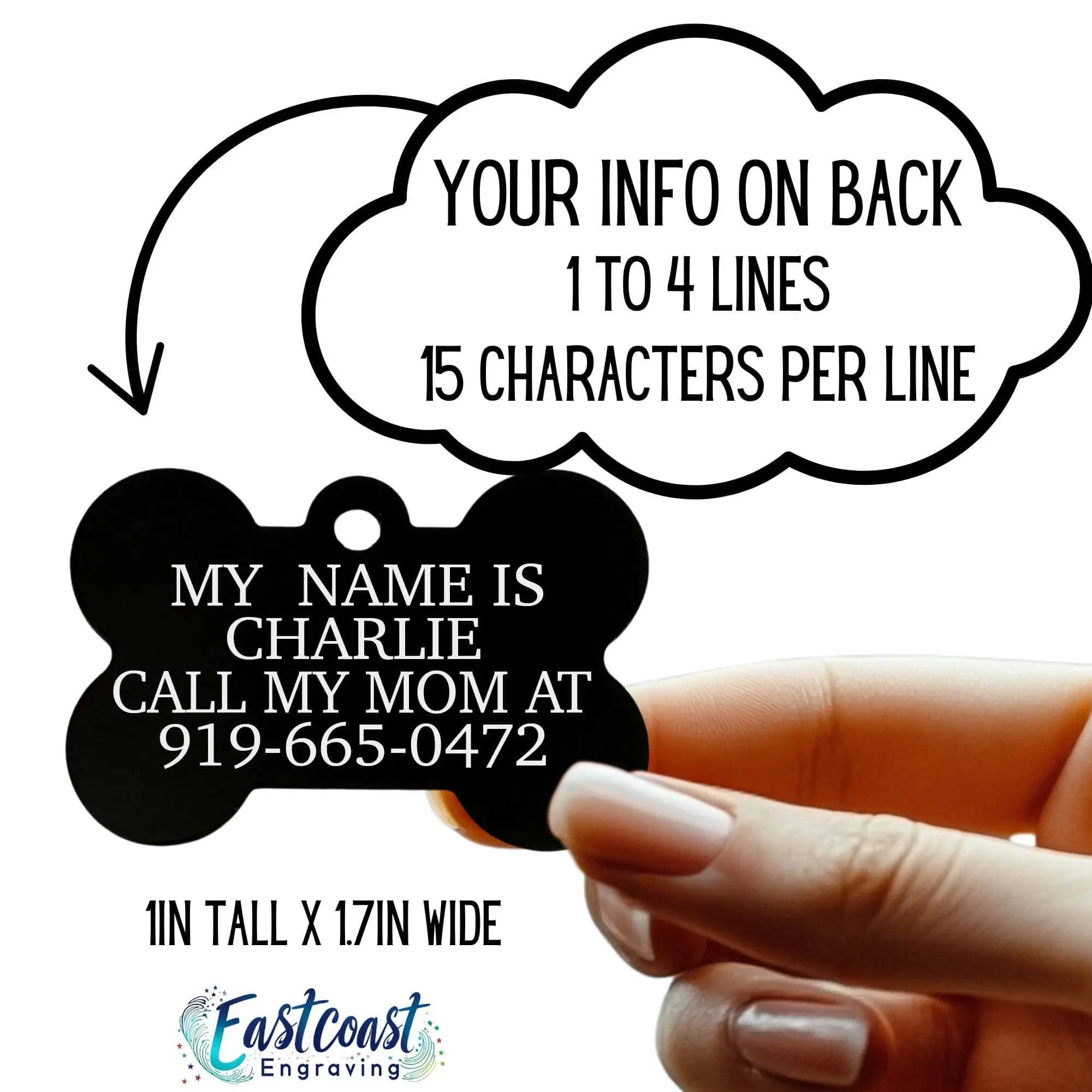 Custom engraved dog ID tag back showing name and phone number engraving layout