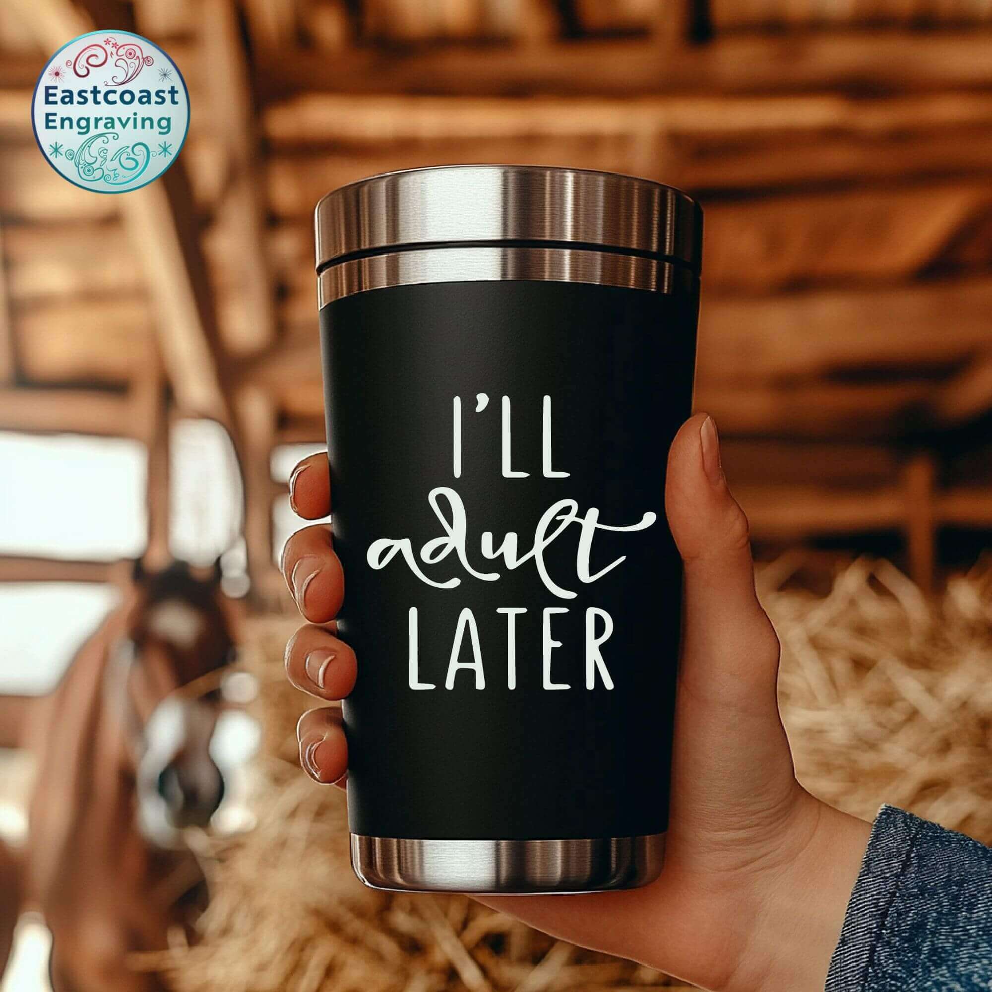 I'll Adult Later vinyl decal on a tumbler – perfect for fun and sarcastic personalities