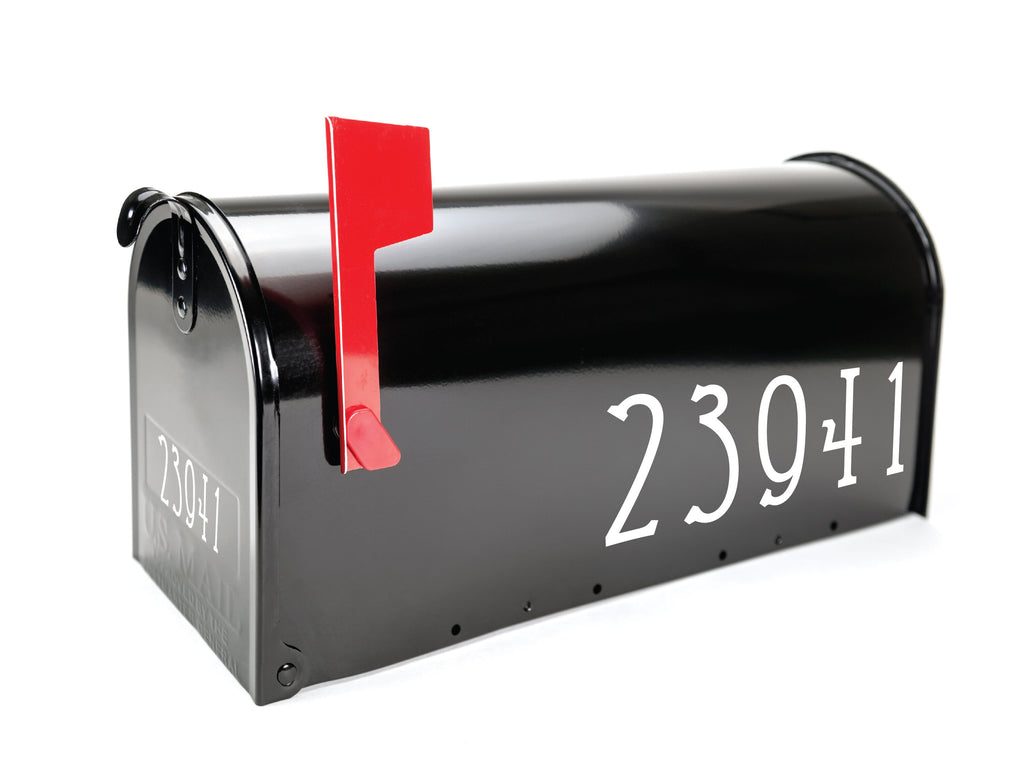 Modern black mailbox with distinct white mailbox number decal, offering high readability and sophisticated design.