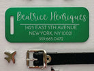 Green luggage ID tag with custom engraving and leather strap
