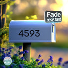 Durable fade-resistant mailbox numbers in modern font