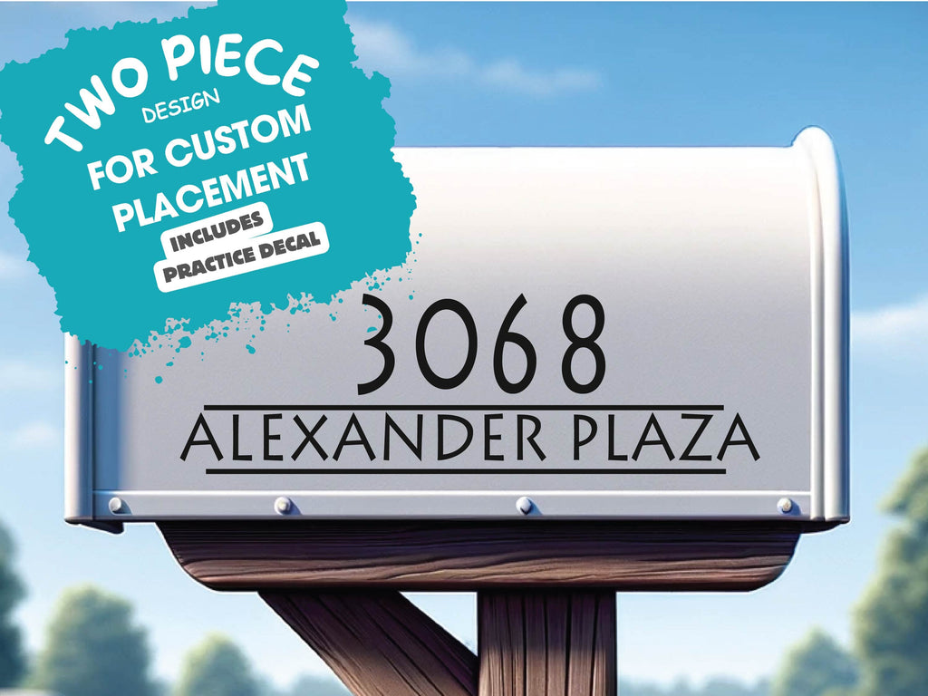 Personalized mailbox decal featuring custom house numbers applied on a street mailbox