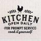 Kitchen Open Daily removable wall decal on white tile backsplash