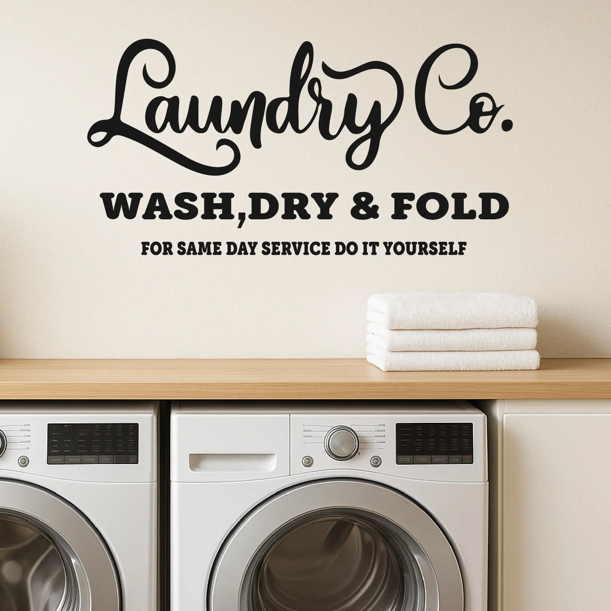 Vinyl laundry room sign in script and block lettering for home laundry spaces