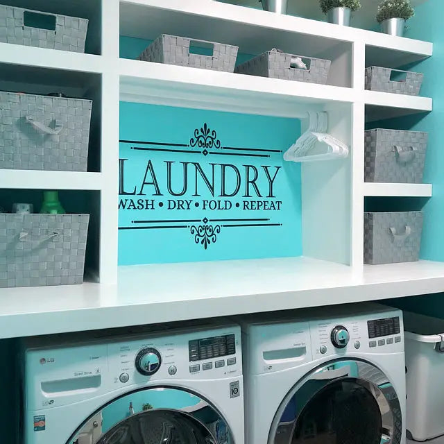 Laundry wall decal with wash dry fold repeat design in modern laundry room