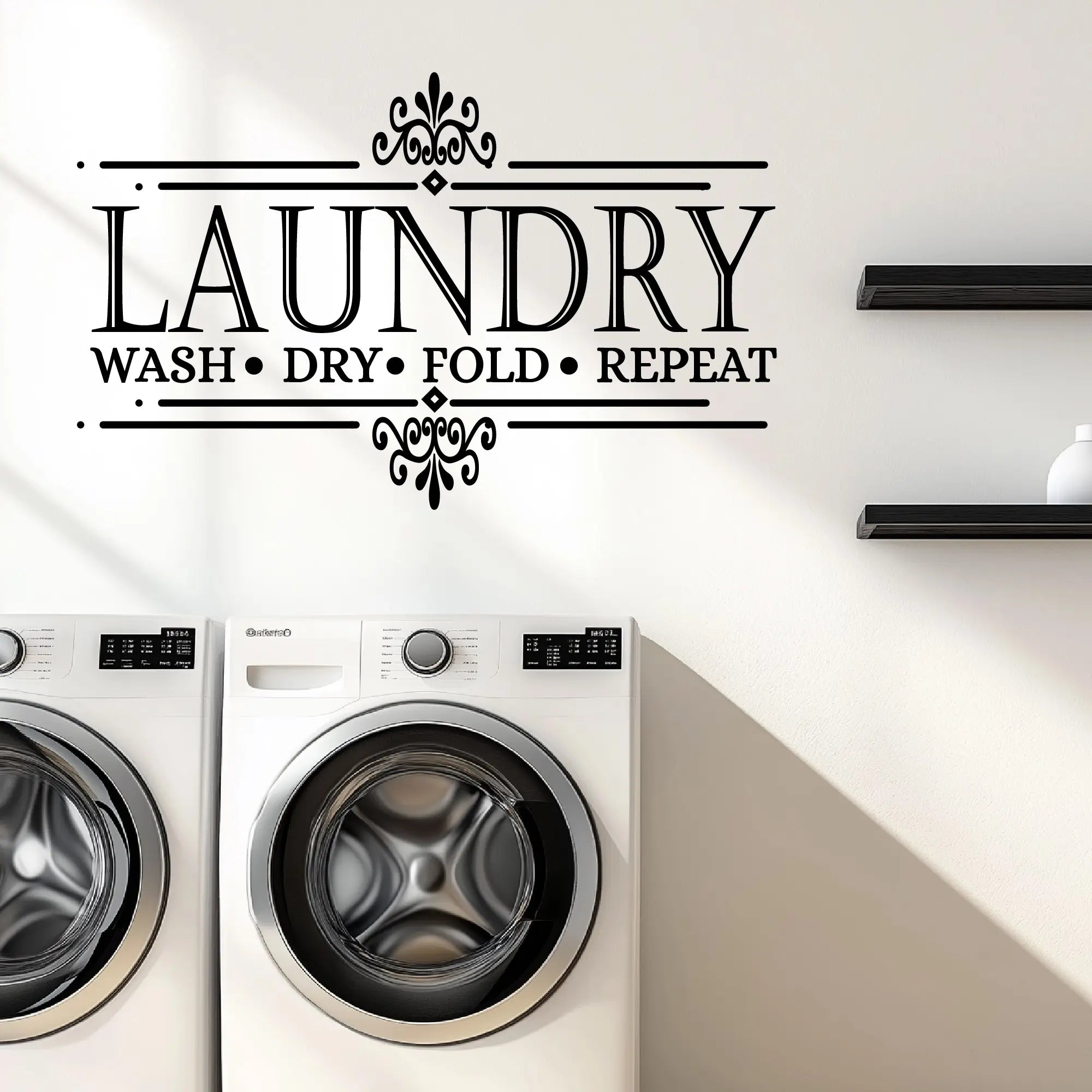 Vinyl laundry room decal displayed above washer and dryer