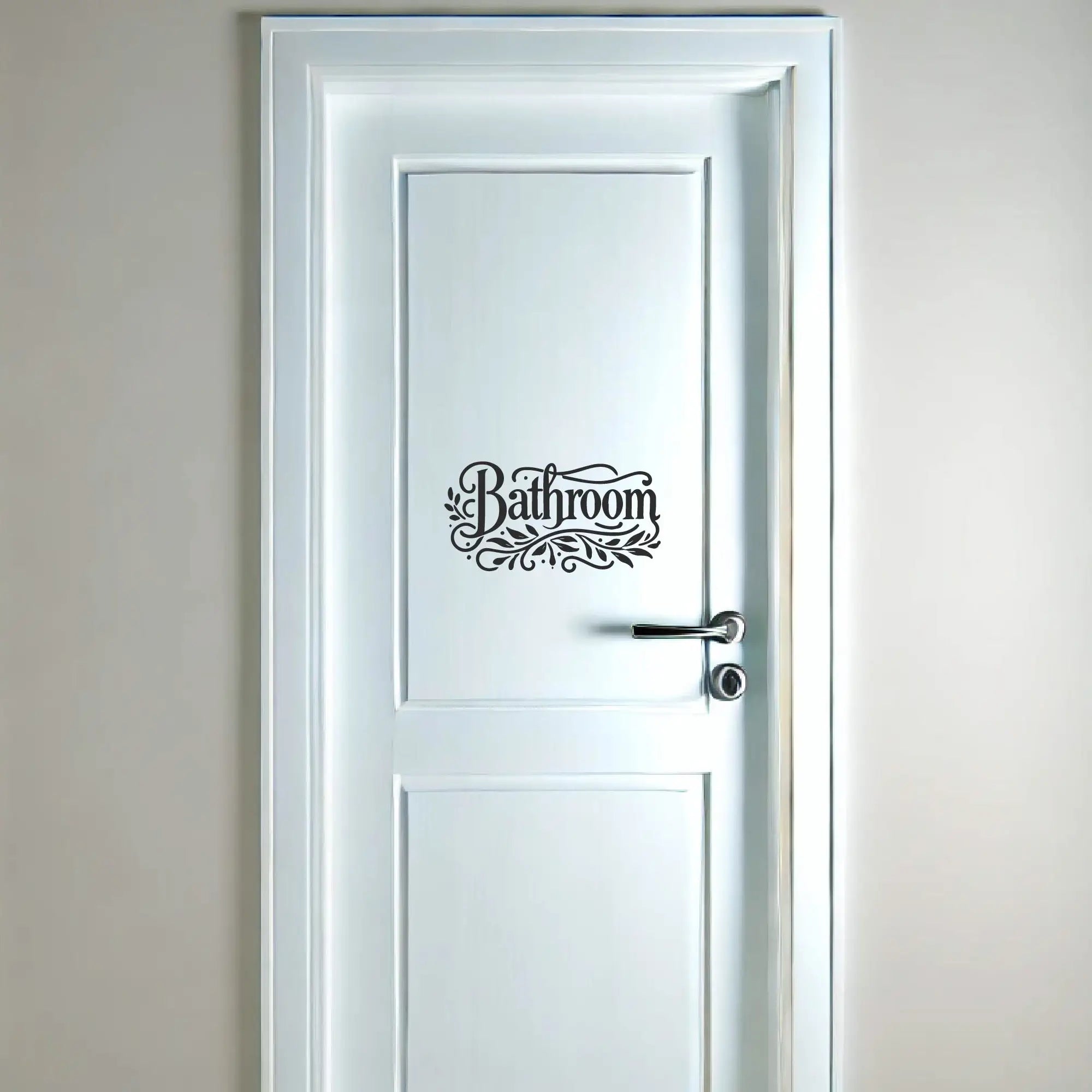 Leafy bathroom decal applied to smooth bathroom door