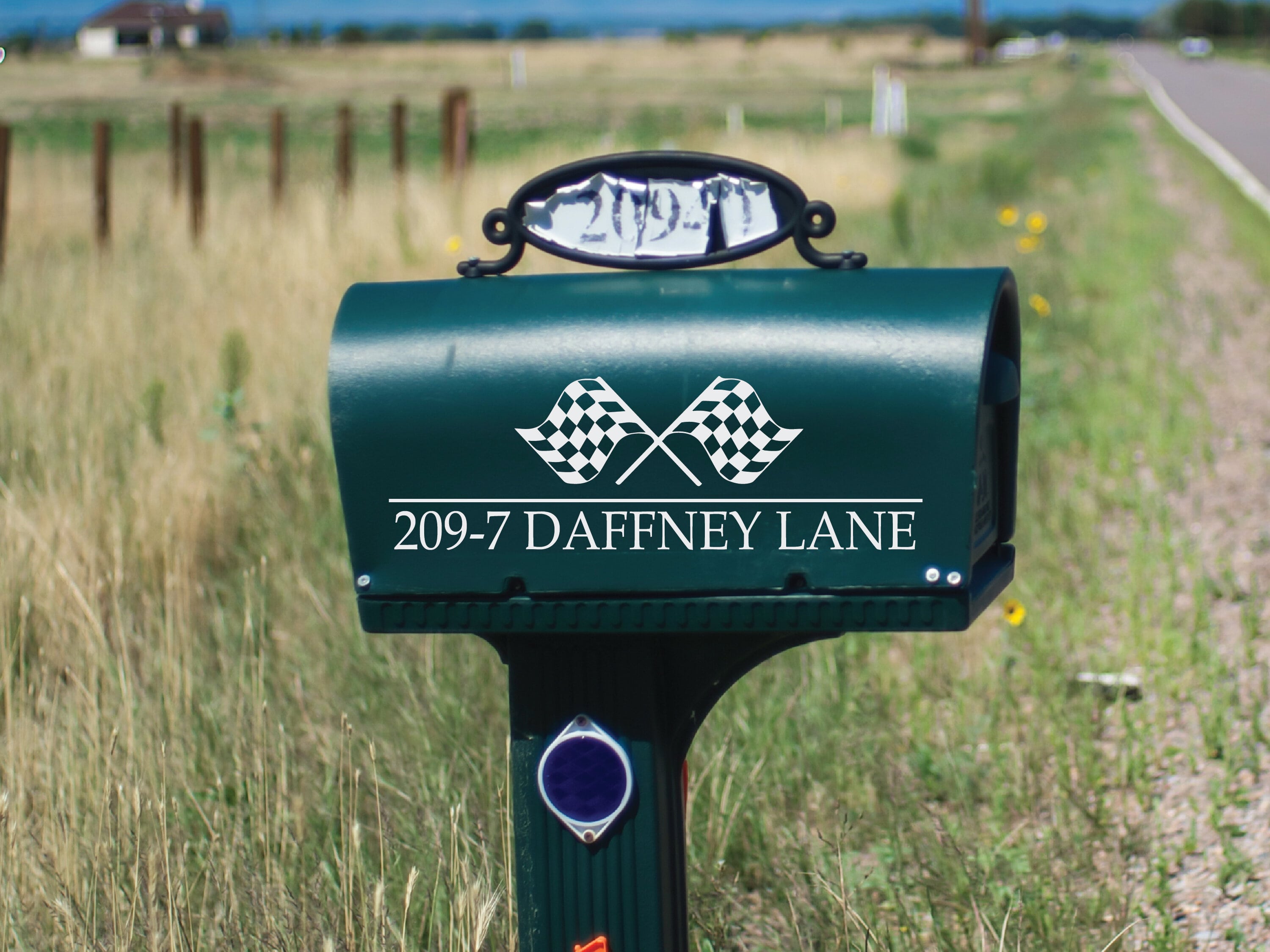 Personalized mailbox sticker with motorsport design and house number