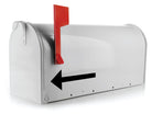 Standard mailbox arrow decal in black vinyl pointing left on white mailbox