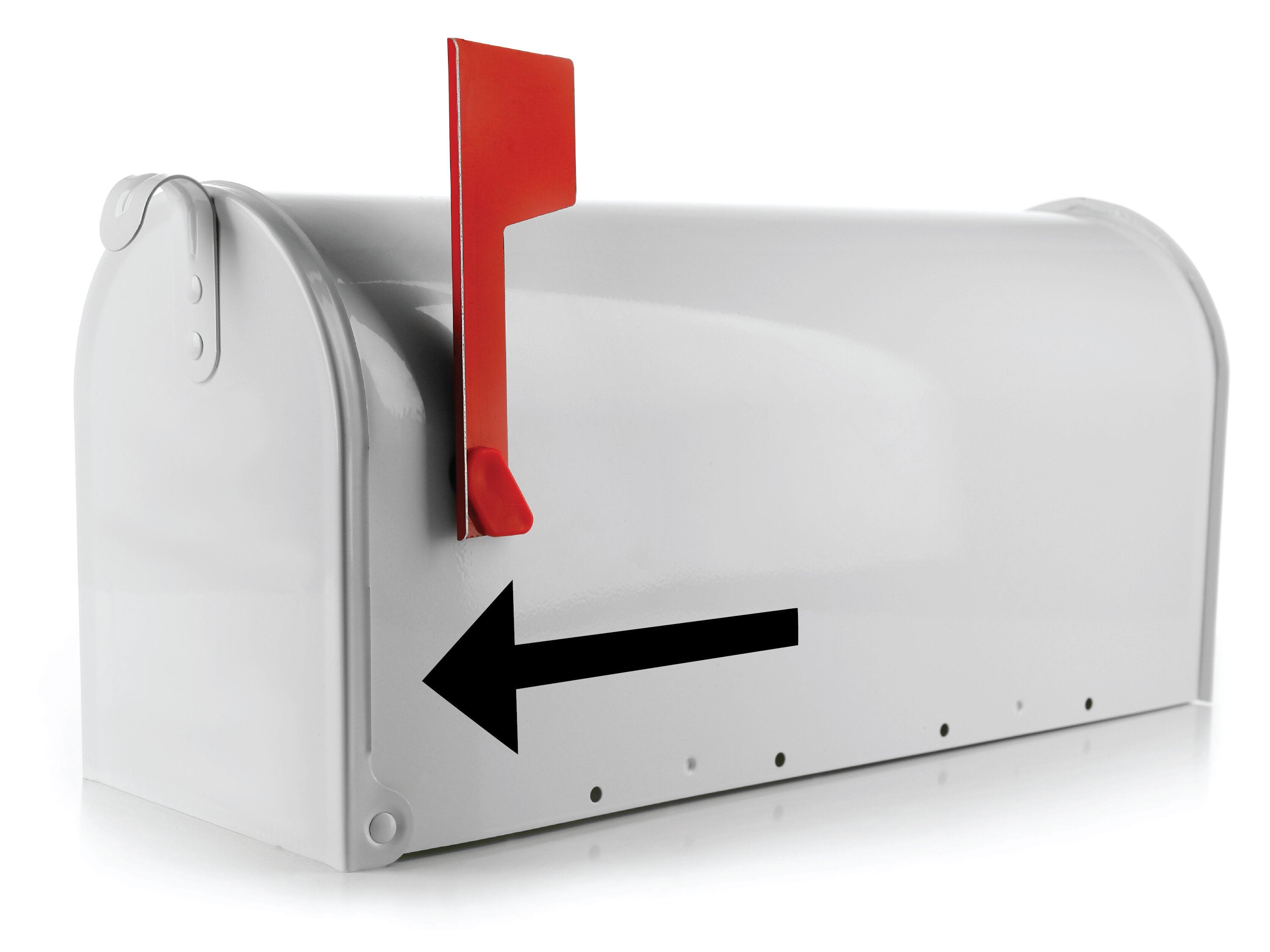 Standard mailbox arrow decal in black vinyl pointing left on white mailbox