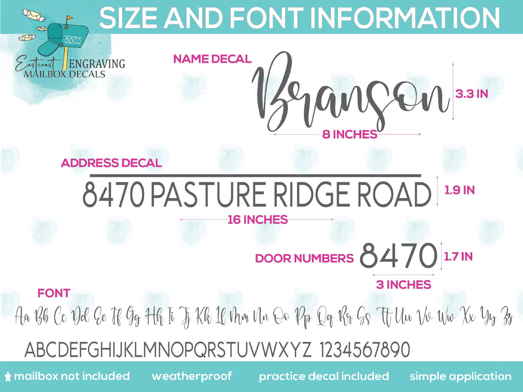 Size and font options for Eastcoast Engraving mailbox decals